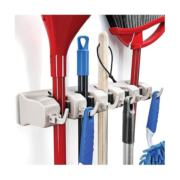 Moppe- og kosteholder - Garageopbevaringssystem med 5 rum, 6 kroge