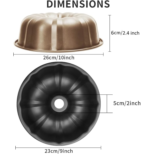 Pakke Bundt Kageform Nonstick - 25 cm Fluted Tube Kageforme til bagning, 12 Kopper Kraftig Kulstofstål Tube Form Bageform. (guld) gold