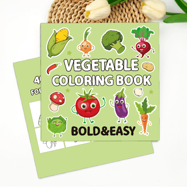 En malebog for voksne og teenagere, med super søde billeder og simple og afslappende mønstre, velegnet til en afslappende bog om grøntsager vegetable