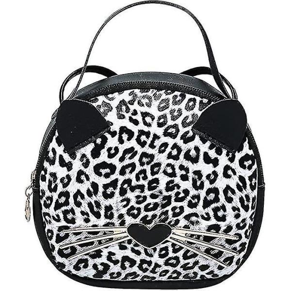 Mini Leopard Skuldertaske Crossbody Taske Pung Sød Kat Taske Rund Møntplade (Sort Leopard Print) Sort Black