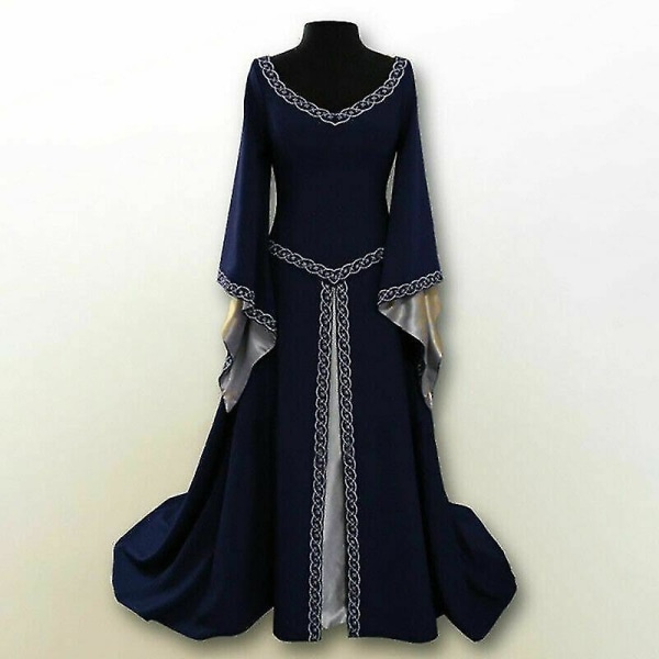 Medeltida renässans vintage klänning för kvinnor för Halloween festkostym Cosplay Navy blue L
