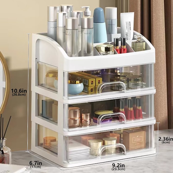 Makeup-arrangör med 3 lådor, kosmetiska displayfodral, sminkförvaringslåda (3 lådor) (vit)