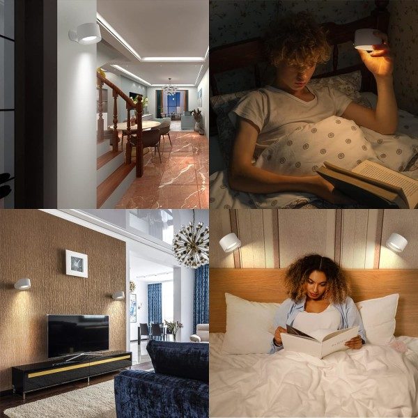 Væglampe LED Lampe Genopladeligt Batteri Væglamper Dæmpbar med 3 Farvetilstande 3 Lysstyrker 360° Roterbar Touch Kontrol Væglamper til Soveværelse Hvid White