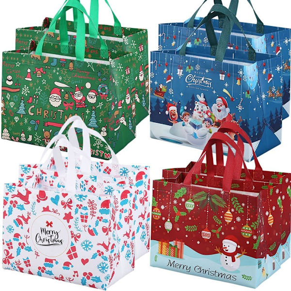 8 stk. genanvendelige juleindkøbsposer, mulepose med håndtag, gavepose, indkøbspose til julebegivenheder og fester 8 Pack