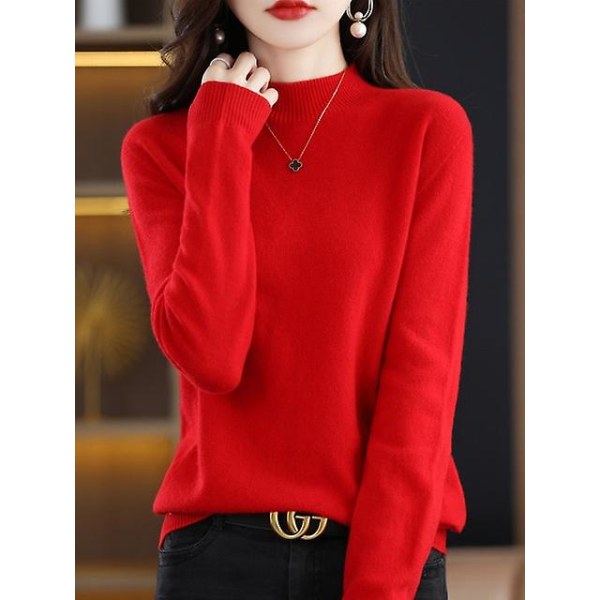Kashmirtröja i 100 % ull, stickad tröja för kvinnor, långärmad tröja, långärmad tröja, höst, vinterkläder, varma tröjor Red China S