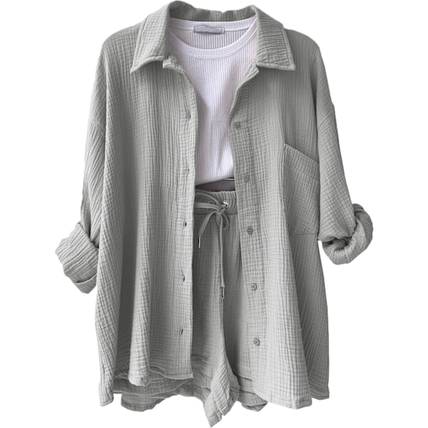 Crinkle Collar Langermet Skjorte med Høy Midje og Snøring Shorts Mote Casual Todelt Sett Dame Grå L