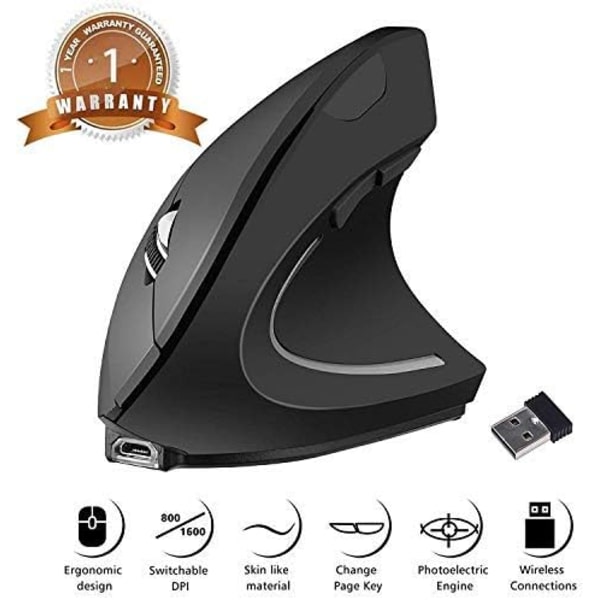 Ergonomisk mus, 2.4G optisk trådløs vertikal mus med 6 knapper - 3 justerbare DPI 800/1200/1600 til bærbar, PC, computer, desktop, notebook, osv. Charge