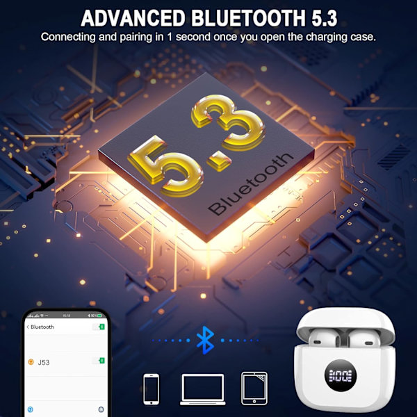 Trådløse ørepropper Bluetooth ørepropper In-Ear støydempende mikrofon, 40 timers spilletid Mini etui Sportshodetelefoner for Android iOS White