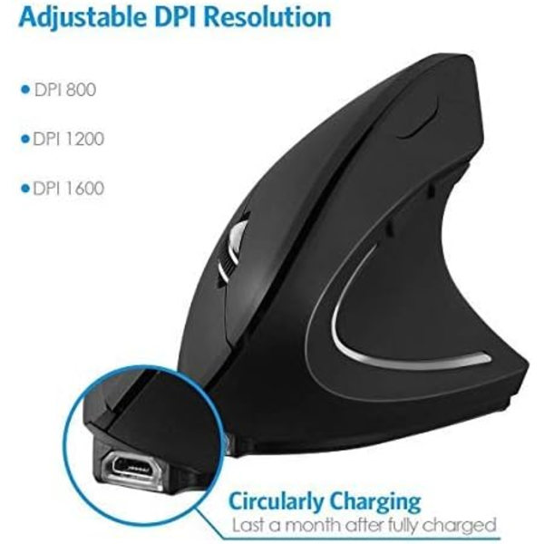 Ergonomisk mus, 2.4G optisk trådløs vertikal mus med 6 knapper - 3 justerbare DPI 800/1200/1600 til bærbar, PC, computer, desktop, notebook, osv. Charge