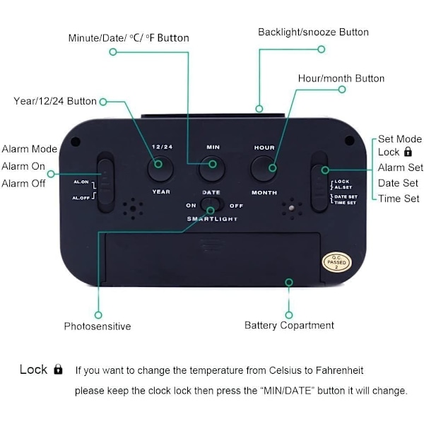 Uppgraderad digital väckarklocka, 4,3\" LED-display med temperatur, bärbar med batteridriven väckarklocka sängbord