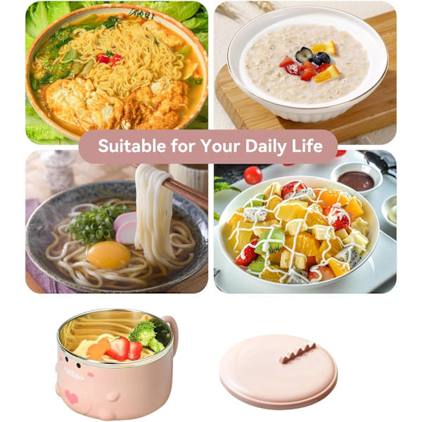 Ramen skål med handtag och lock, rostfritt stål soppskål med lock och handtag, tecknad söt dinosaurie spannmålsskål japansk ramen skål