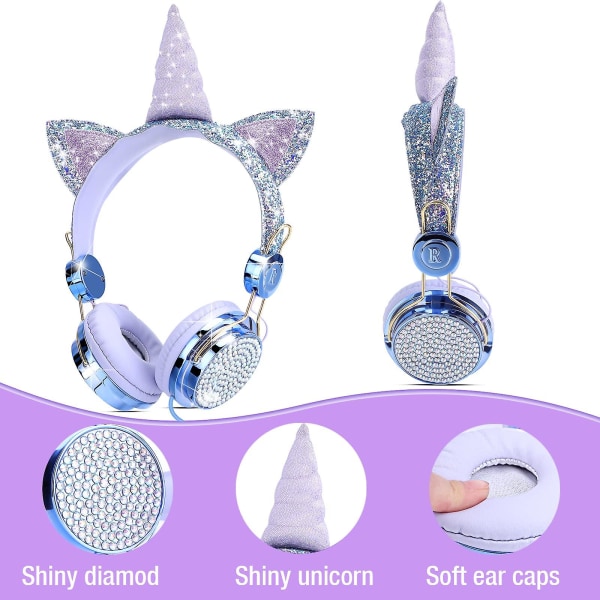 Unicorn barnhörlurar för flickor Barn tonåringar, trådbundna hörlurar för barn med justerbart pannband, 3,5 mm uttag och trasselfri sladd, Over On Ear Hea