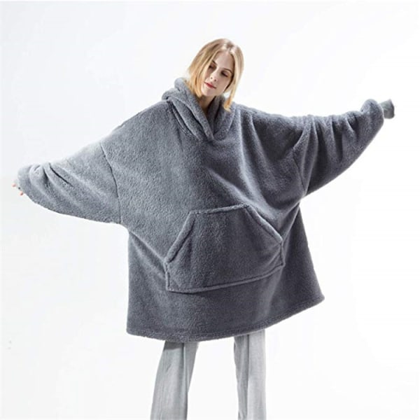 Tröja med huva i överdimensionerad storlek Dubbelsidig fleece Bärbar filt Par Män Kvinnor Hem gray