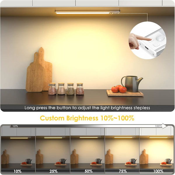 Garderobslampa, Uppladdningsbar LED-innerbelysning för garderob, Trådlös, Dimbar LED-lampa Rörelsesensor. (20,5 CM-2 stycken, 3000K)