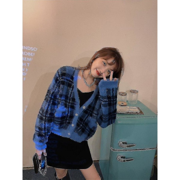 Koreanska vinterkläder, vintage stickade cardigans tröjor blue L