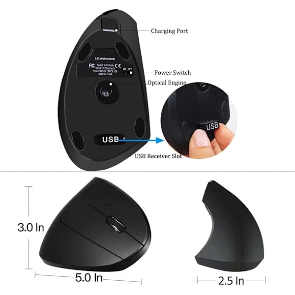 Ergonomisk mus, 2.4G optisk trådløs vertikal mus med 6 knapper - 3 justerbare DPI 800/1200/1600 for bærbar PC, PC, datamaskin, stasjonær, notebook, etc. Charge