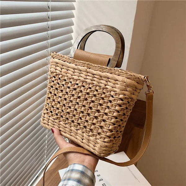 Naisten olkilaukku puisella kahvalla, rottinkipunottu design-olkalaukku, kesäinen matkalaukku, rantakassi Khaki 20x8x18cm