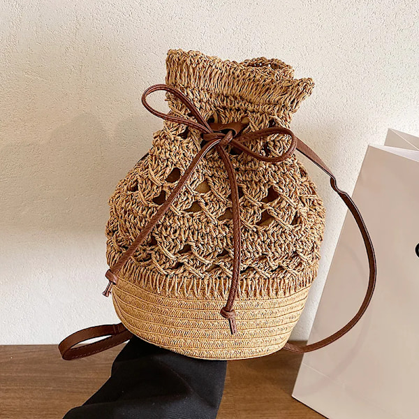 Handgjord Strandväska i Halm för Kvinnor Sommar Design Ihålig Vävd Dragsko Mode Resehandväska khaki
