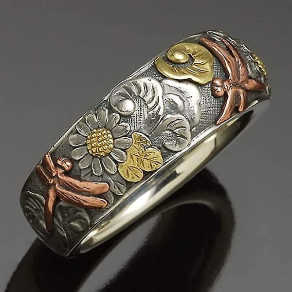 2st vintage silver och roséguld färg snidad trollslända solrosring Unik metall blomringar förlovningsfest ring 6
