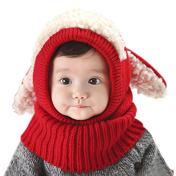 Baby Barn Varm vinterstickad mössa i plysch ull Söt öronlapp Huva Scarf Cap Red