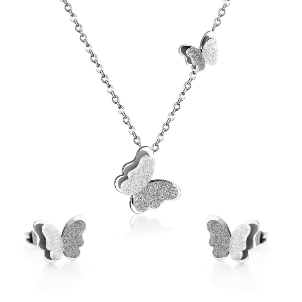 Dubbla lager fjäril hängande halsband med örhänge Butterfly Jewllery Set Silver