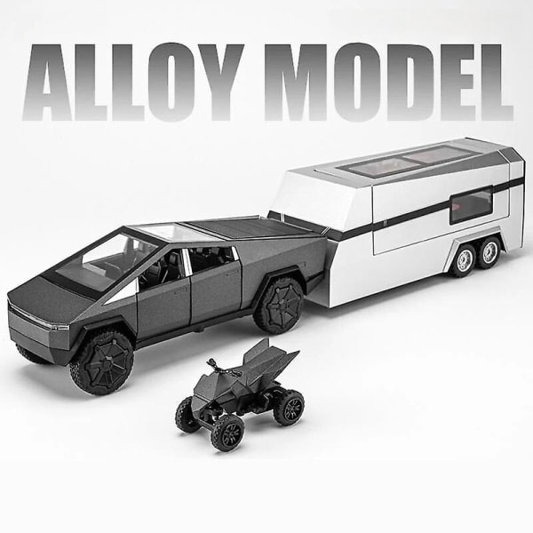 1/32 Tesla Cybertruck med Touring Car RV Caravan Diecast Leksaksmetall Miniatyrmodell Drag tillbaka Ljud Ljus Samling Present Pojke Mörkgrå Dark Gray