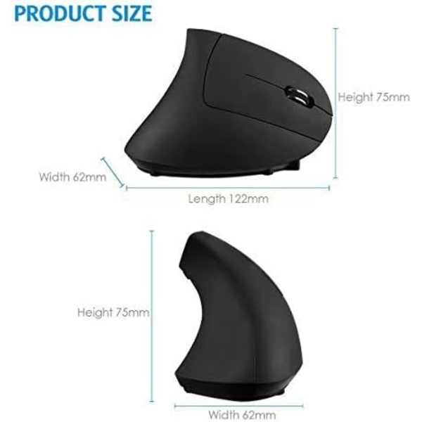 Ergonomisk mus, 2.4G optisk trådløs vertikal mus med 6 knapper - 3 justerbare DPI 800/1200/1600 til bærbar, PC, computer, desktop, notebook, osv. Charge