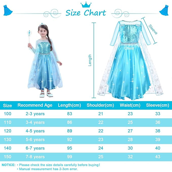 Kostym för flickor, 9 delar, ELSA-klänning för barn med krona, tiara, handskar och trollstav för jul, maskerad, karneval, halloween, födelsedagsfest 100cm