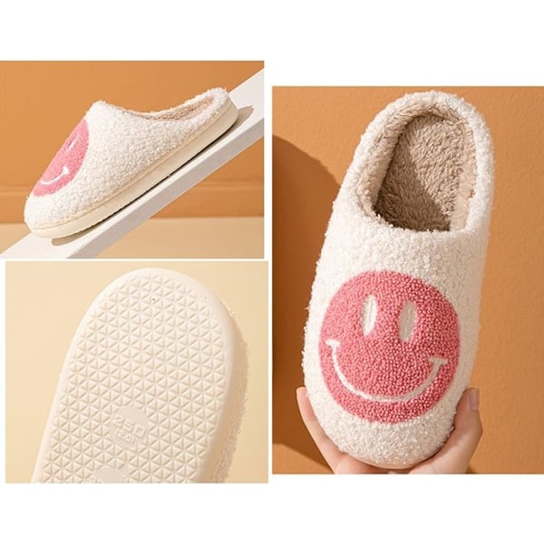 Leende ansikte tofflor inomhus utomhus, leende glad ansikte tofflor, retro tofflor för kvinnor hus mjuka fluffiga tofflor. pink