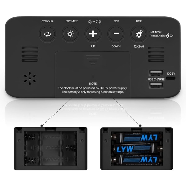 Superhög larmklocka för tunga sovare, digital klocka med justerbar volym, dimmer, USB-laddare, små klockor för sovrummet