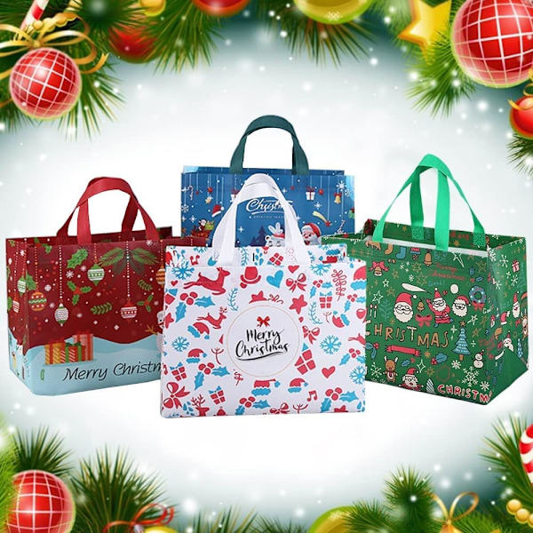 8 Pakk Jule Gjenbrukbare Handleposer, Tote Bag med Håndtak, Gavepose, Shopping Bag for Julearrangement 8 Pack