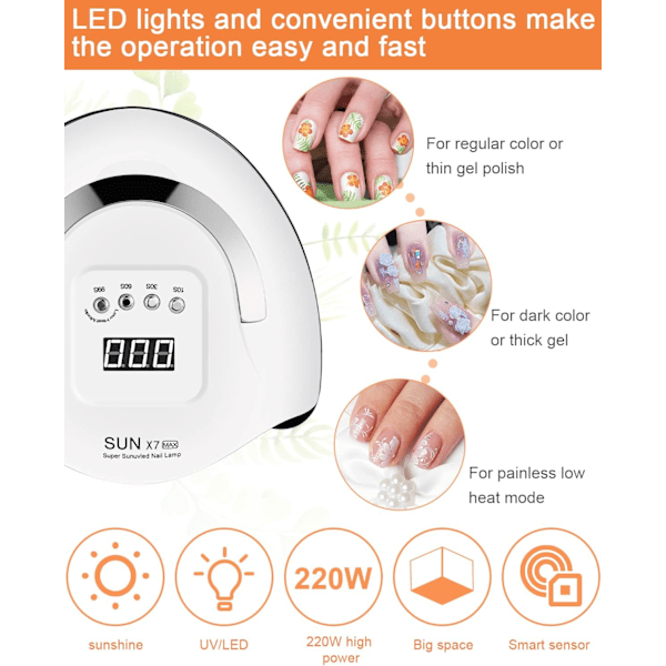 180W Nageltorkare, UV LED - Nagellamp, Bärbar Nagelverktyg med 4 Timrar, Smart Sensor, LCD Digital Display, 57 LED-pärlor, Snabbtorkande Lampa