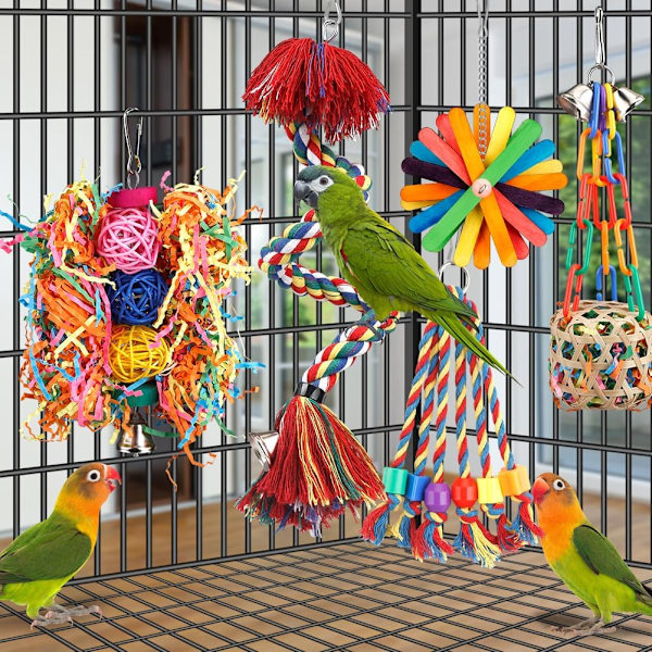 5-osainen lintulelusetti, lintuköysiteline kellolla, undulaatti, neitokakadu, budgie, lemmenlintu, lintuhäkin tarvikkeet
