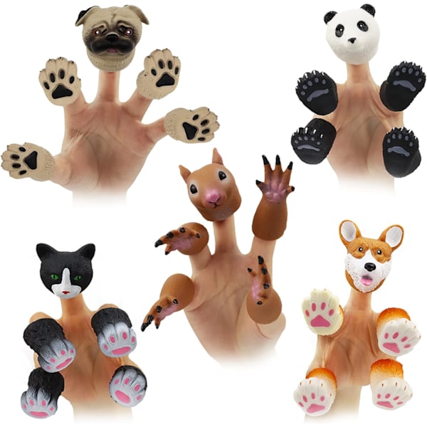 Söta djur fingerdockor leksaker 5 set, Panda, Ekorre, katt, Shiba Inu, Mops, Rollspelande djurdockor