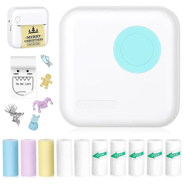 Mini Klistremerkeprint Bluetooth Termisk Printer Med 10 Ruller Og