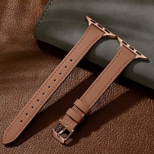 Smal Läderarmband Kompatibelt med Apple Watch Armband 40mm 38mm 41mm 42mm 44mm 45mm 46mm Kvinnor, Äkta Läderrem Tunn Brun 42/44/45/49mm Brown 42/44/45/49mm