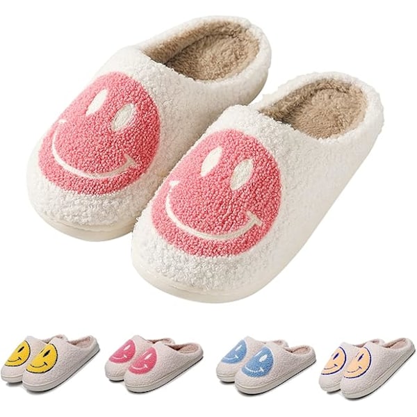 Leende ansikte tofflor inomhus utomhus, leende glad ansikte tofflor, retro tofflor för kvinnor hus mjuka fluffiga tofflor. pink