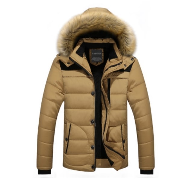 Vinterbomullsjakke for menn med hette, avslappet herrejakke med glidelås og avtakbar hette, khaki