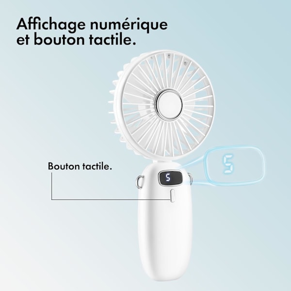 Kannettava tuuletin - Mini kevyt USB-tuuletin, 5 nopeutta, 90° kokoontaitettava, 60 cm hihnalla, puhelinteline - toimistoon, kotiin, matkoille (valkoinen)