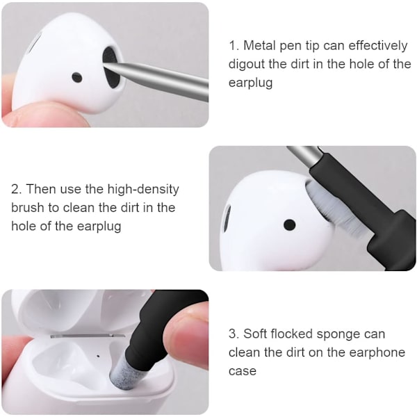 AirPod Rensesett, 3 i 1 Airpod Rensepenn med Svamp, Trådløse Ørepropper Rensepenn, Multifunksjonelt Øretelefon Rensesett - Svart