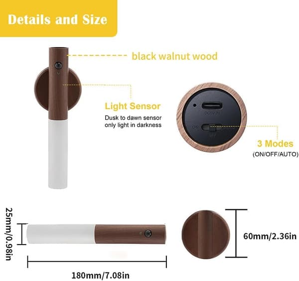 Rörelsesensor Nattljus Magnet Kroppssensor Hallway, Trävägg Sconce Batteridriven Skåpsljus
