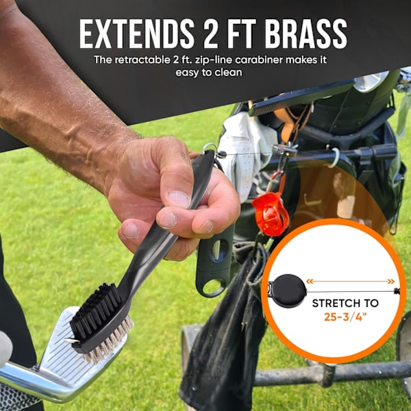 Golfkølle Rensebørste og Rillerenser med Udtrækkelig Klips, Forlænger 2 ft Messing, Ergonomisk Design, Fastgøres Nemt til Golftaske (Sort)