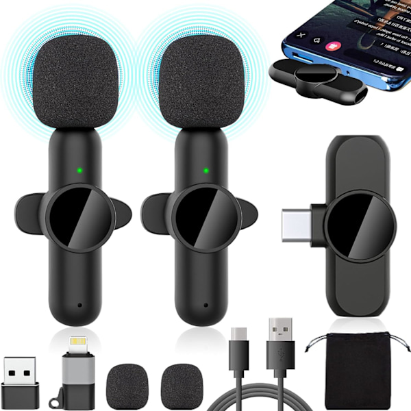 Trådløs Lavalier Mikrofon for Iphone/Android/Telefon/PC/Ipad, Mikrofon Trådløse Mikrofoner & Mottaker, Mini Liten USB Clip-on Revers Mikrofon