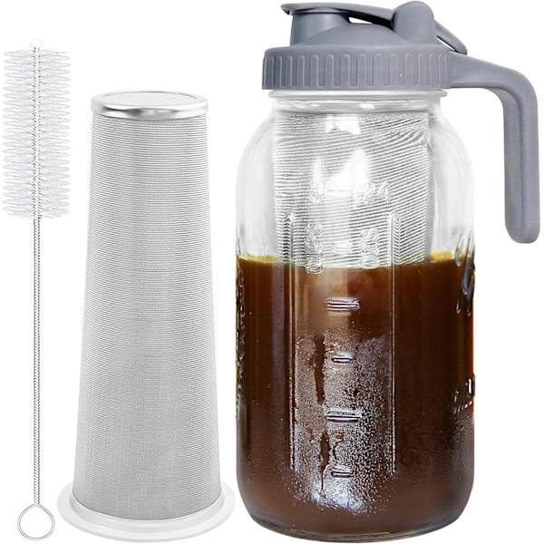 64 oz Tykt Glas Mason Jar Tudlåg med Håndtag & Rustfrit Stål Filter til Iskaffe, Iscitronade, Solte, Frugtdrikkebeholder 64oz