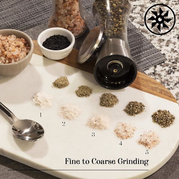 Flot Salt- og Peberkværn Sæt - Genopfyldeligt Rustfrit Stål Combo Krydderi Shaker med Justerbar Grov Maling - Nyd Dine Yndlingskrydderier