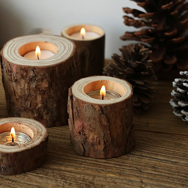 Tea Light Ljushållare Trä Pilar Ljusstake Kruka För