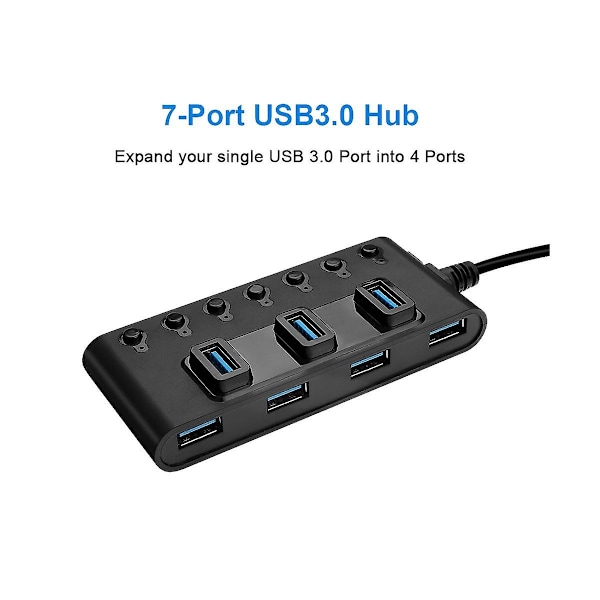 7 Portars Usb3.0 Hub Adapter Portabel Usb Hub Splitter Med Strömbrytare