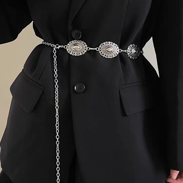 Naisten Lännen Metallinen Concho-vyö Denim Boheemi Vyötäröketju Sopii Mekkoihin ja Farkkuihin Silver