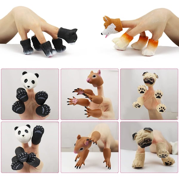 Söta djur fingerdockor leksaker 5 set, Panda, Ekorre, katt, Shiba Inu, Mops, Rollspelande djurdockor