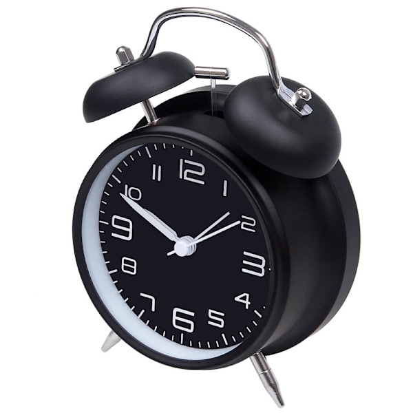 Väckarklocka med dubbla klockor och nattlampa, Högljudd väckarklocka, Analog väckarklocka med stor 4-tums urtavla, Tyst, Ljudlös, Batteridriven väckarklocka Black